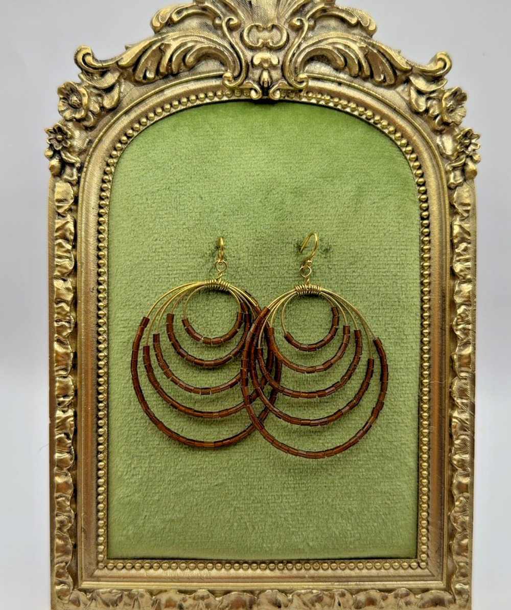Vintage Multi Tier Beaded Hoop Dangle Earrings Amber Brown Gold Tone 2.25"